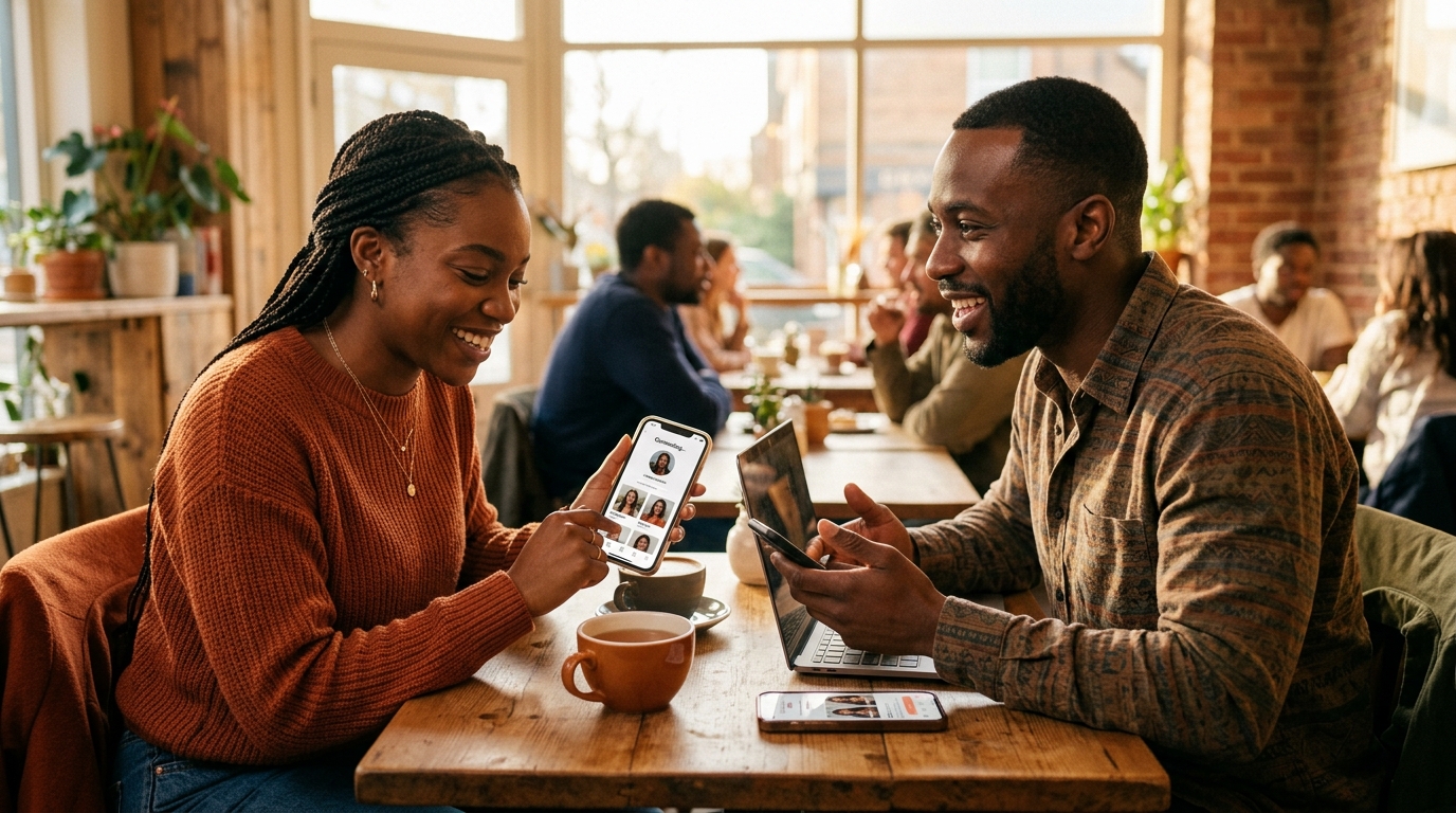 Deux personnes de la diaspora africaine échangeant en ligne sur une plateforme de rencontre