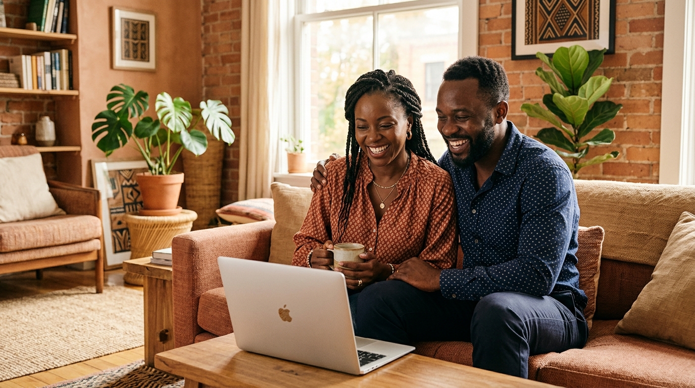 Couple africain souriant discutant sur un site de rencontre fiable sur ordinateur portable