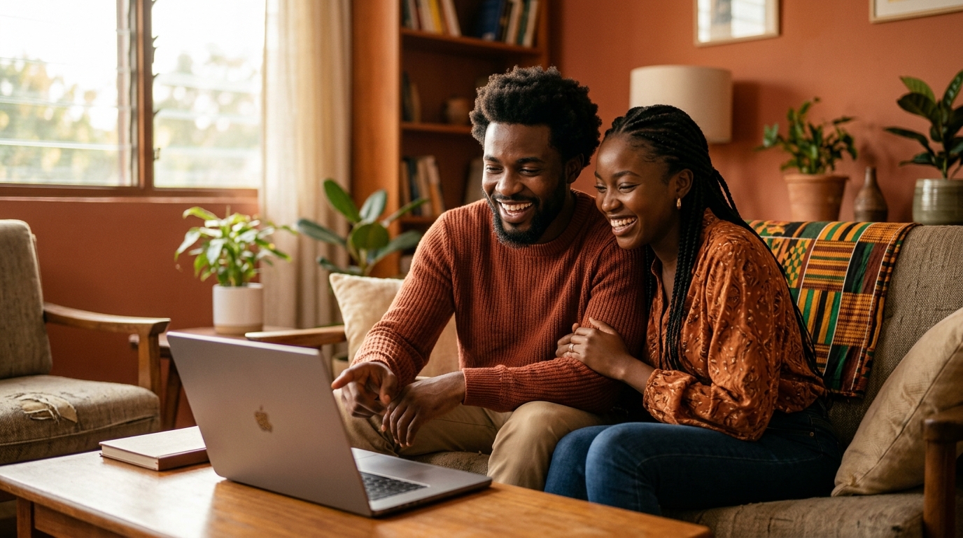 Deux personnes de la diaspora africaine échangeant sur une plateforme de rencontre en ligne depuis un ordinateur portable