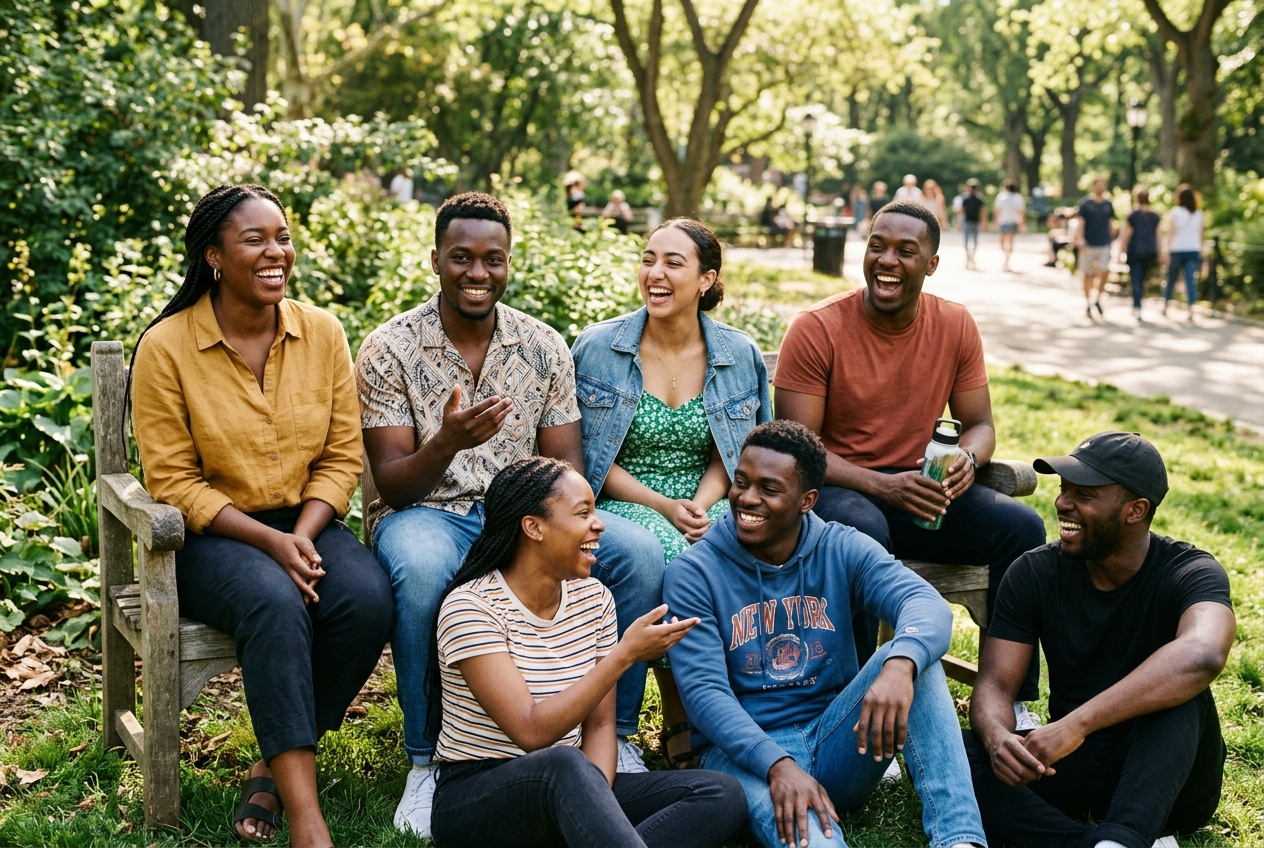 Groupe d'amis africains riant ensemble dans un parc