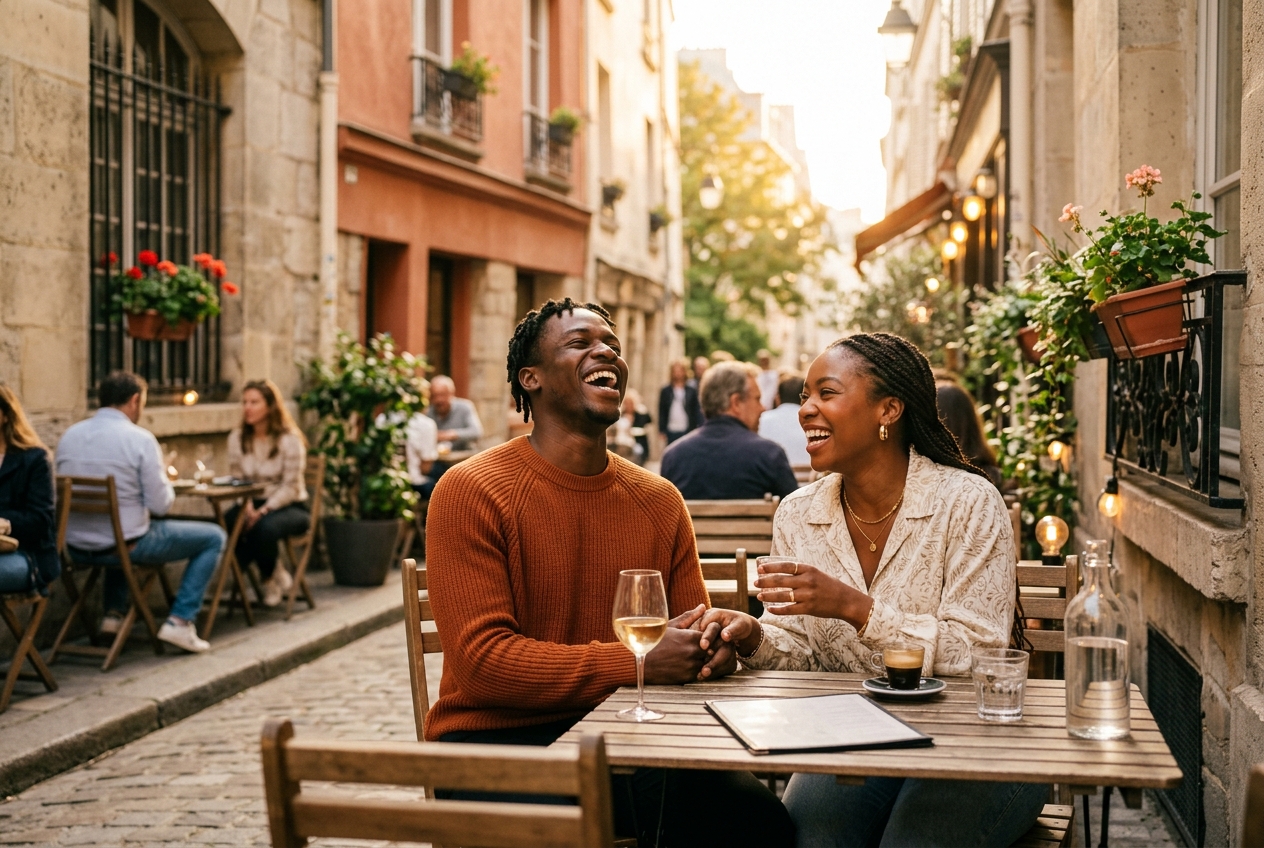 Couple de la diaspora africaine se tenant la main dans une ville moderne, symbole d'amour à distance et de rencontre internationale